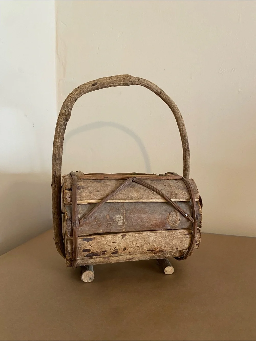 Rustic Natural Wood Handle Barrel Basket Brown with nails, vine wrapped decor